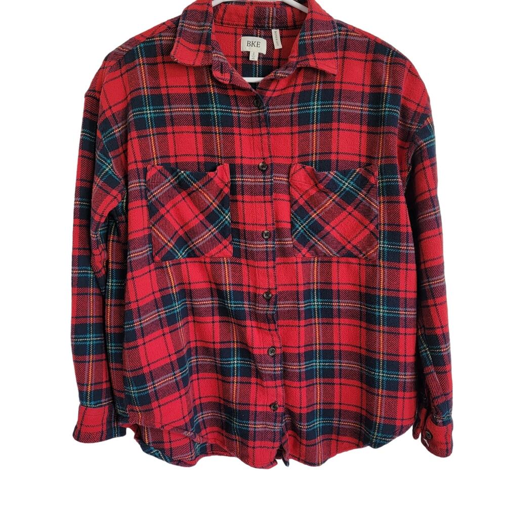 BKE Women’s Flannel Shirt‎ Small Red Plaid Button Up Boyfriend Fit Supersoft